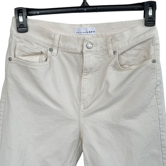 LOFT SZ 27/4 Straight Crop Jeans High-Rise Frayed Hems Zip-Fly Stretch Beige - Picture 2 of 10